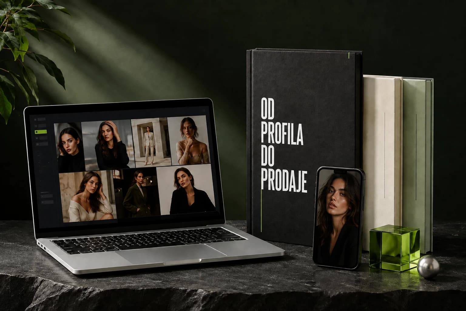 Vizualizacija digitalnog paketa Od Profila do Prodaje uz laptop i AI portret